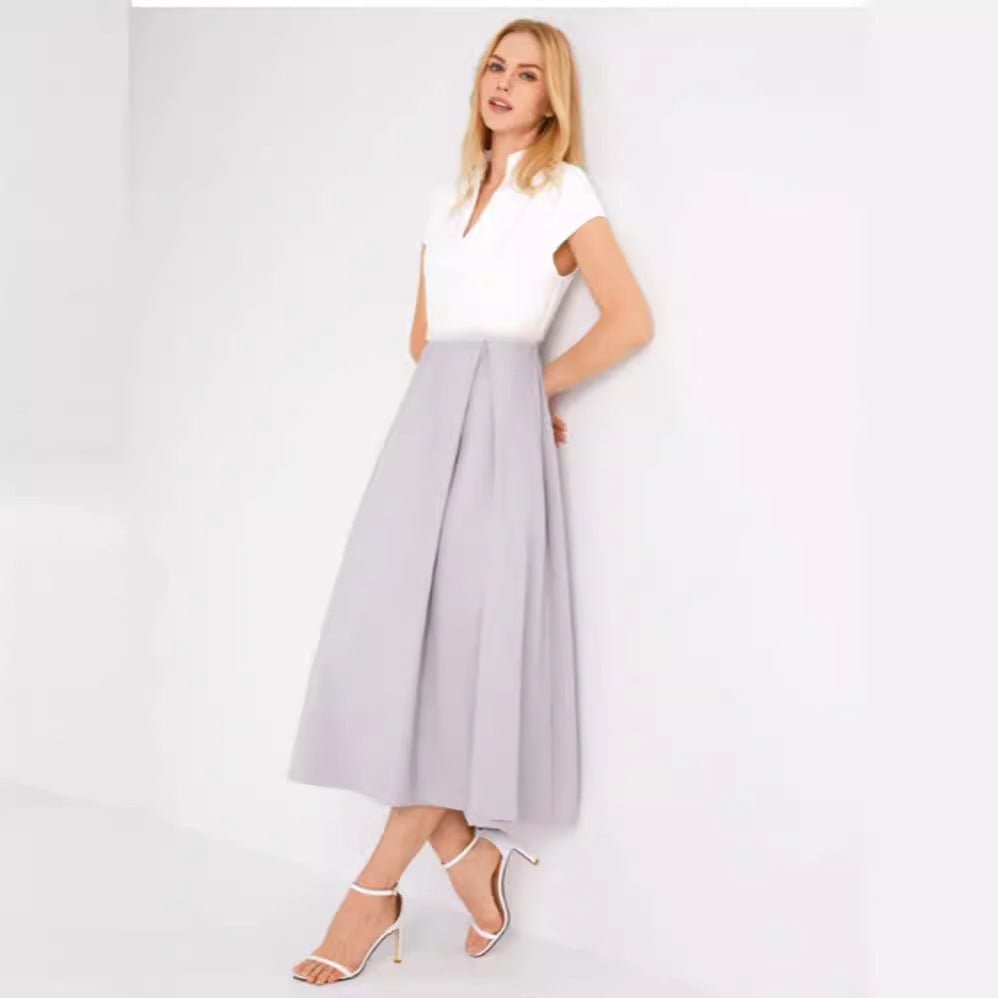 Weißes Farbblock V-Ausschnitt Ausgestellt Sommerkleid