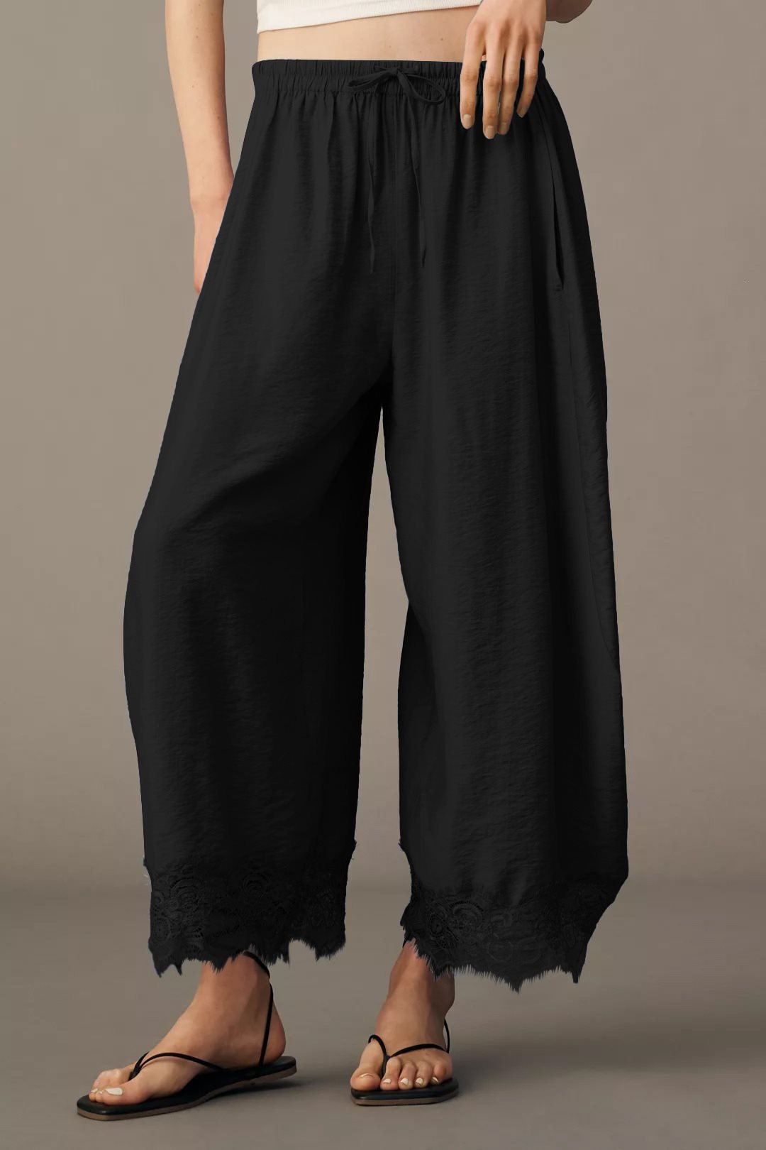 Damen Weite Palazzo-Hose mit elastischem Tunnelzugbund und Spitzenbesatz Shop Nory