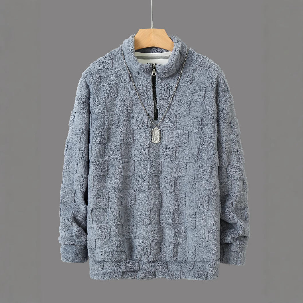 Herren karierter Sherpa-Halbzip-Pullover mit hohem Stehkragen und weicher Teddy-Fleece-Qualität Shop Nory