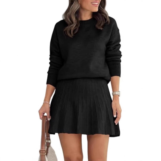 Damen Zweiteiliges Strick-Set mit Rundhals-Pullover und Plissée-Minirock Shop Nory