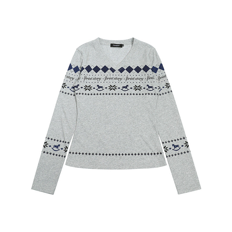 Damen Langarmshirt mit V-Ausschnitt und skandinavischem Norwegerprint aus Baumwollmix Shop Nory