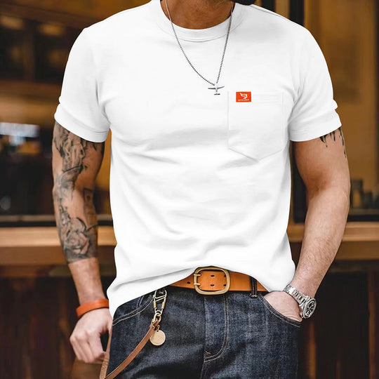 Herren klassisches Kurzarm T-Shirt mit Brusttasche aus hochwertiger Baumwolle