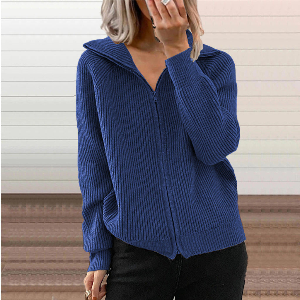 Damen bequeme Strickjacke mit hohem Kragen und durchgehendem Reißverschluss