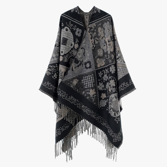 Damen Jacquard-Wollmix-Poncho mit Patchwork‑Blumenmuster und Fransensaum Shop Nory