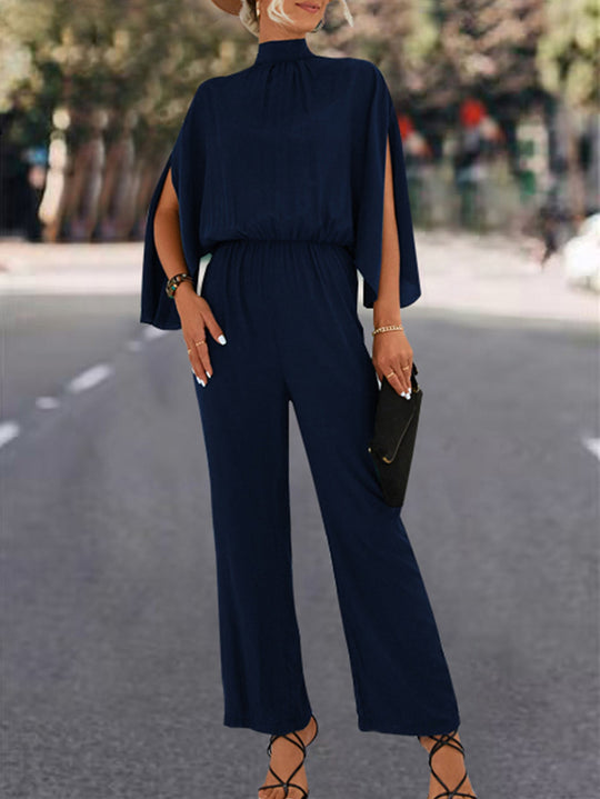 Damen Eleganter Jumpsuit mit fließendem Cape-Design und hochgeschlossenem Ausschnitt
