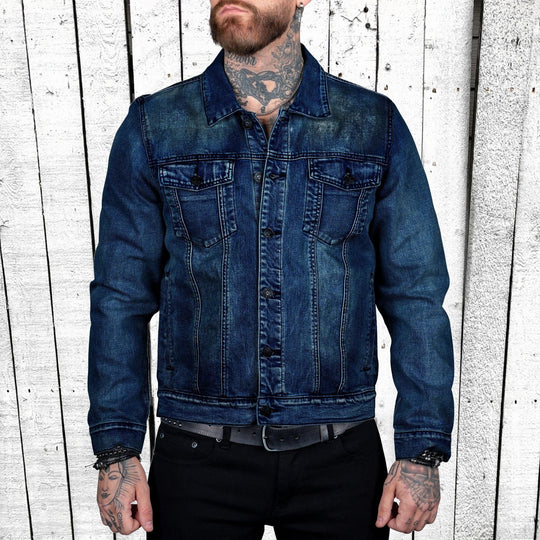 Herren taillierte Trucker-Denimjacke mit Pattentaschen, Metallknopfleiste und kontrastierenden Nähten Shop Nory