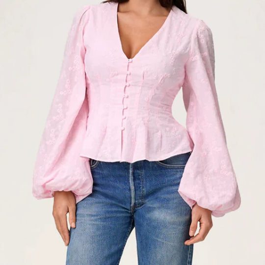 Damen Jacquard-Spitzenbluse mit tailliertem Schößchen und Ballonärmeln Shop Nory