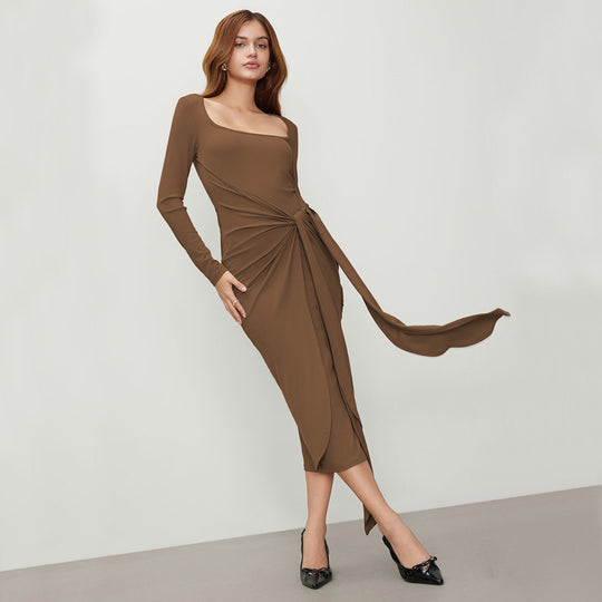 Damen gerafftes Maxikleid mit asymmetrischem Ausschnitt und drapierter Knotendrapierung Shop Nory