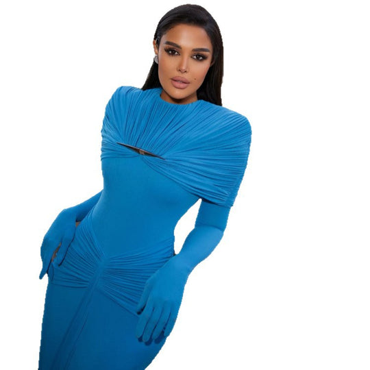 Damen Elegantes figurbetontes Abendkleid mit plissiertem Schalkragen und integrierten Armstulpen Shop Nory