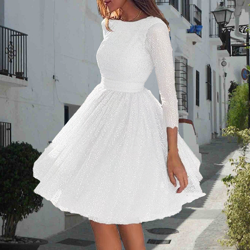 Damen Elegantes Tüllkleid mit Transparenten Ärmeln