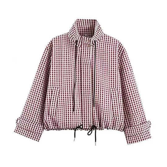 Damen Kurzjacke im Karo‑Look mit Tunnelzugsaum und hohem Stehkragen Shop Nory