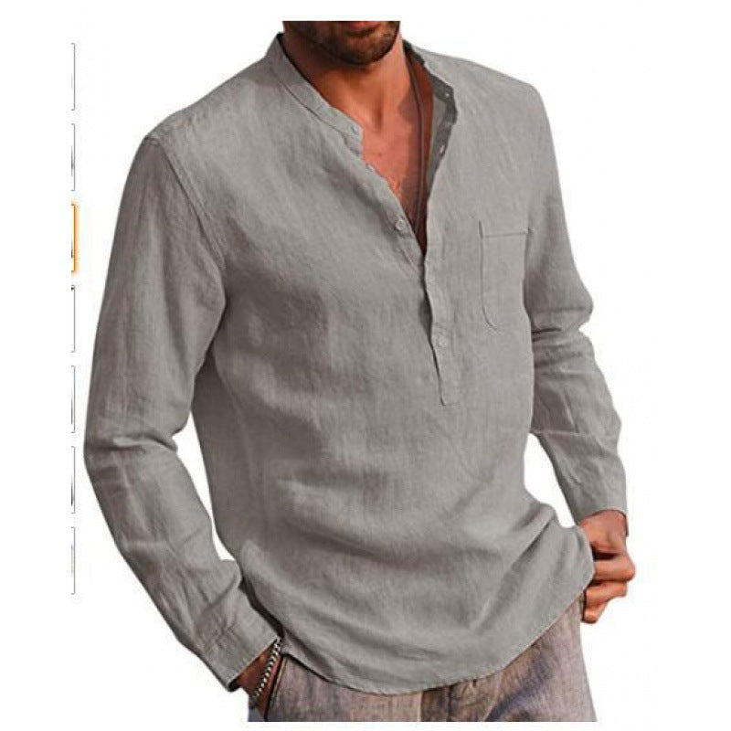 Herren Leichtes Leinenhemd mit Stehkragen, Halber Knopfleiste und Brusttasche Shop Nory