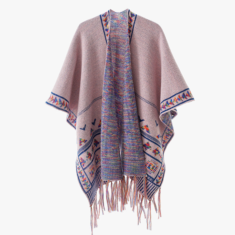 Damen Grobstrick-Poncho mit eingewebter Ethno‑Bordüre und Fransen Shop Nory