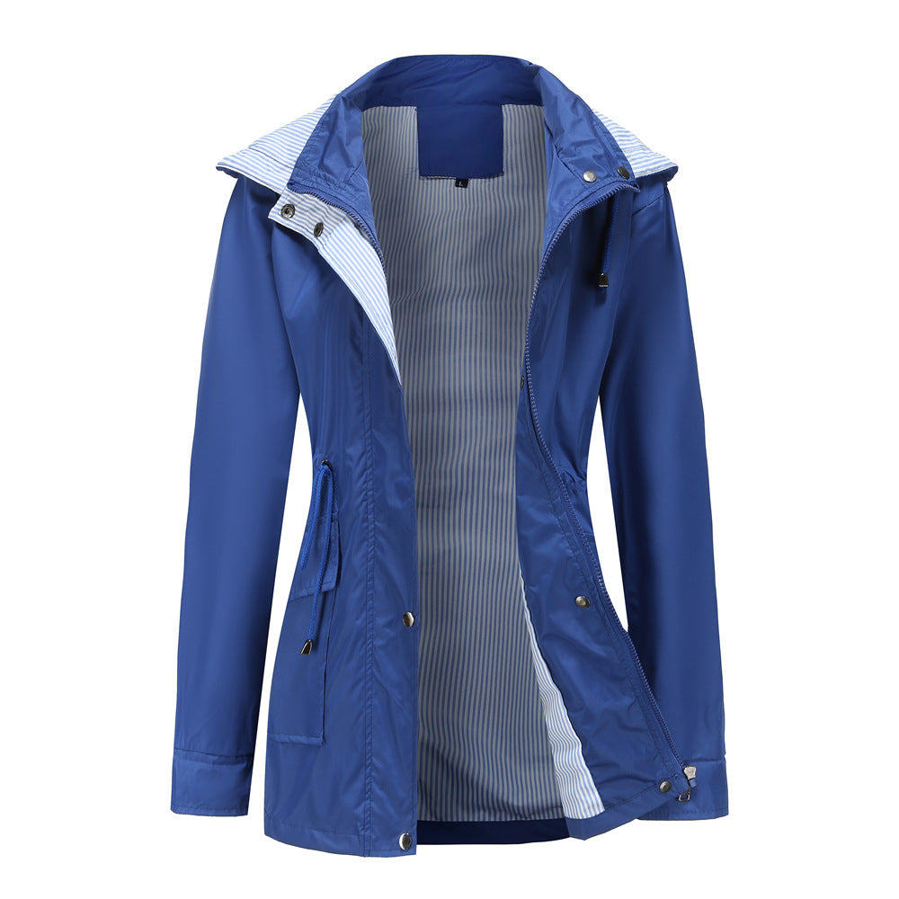Damen Wetterfeste Regenjacke mit verstellbarem Kapuzenkragen und Taillenzug