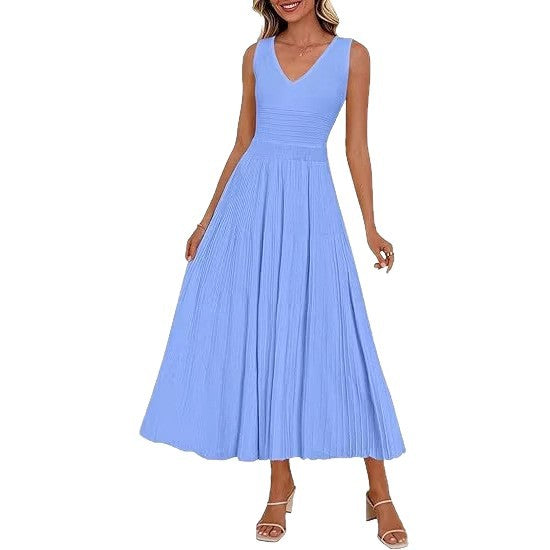 Damen Plisseekleid mit V-Ausschnitt und weitem Saum Shopnory