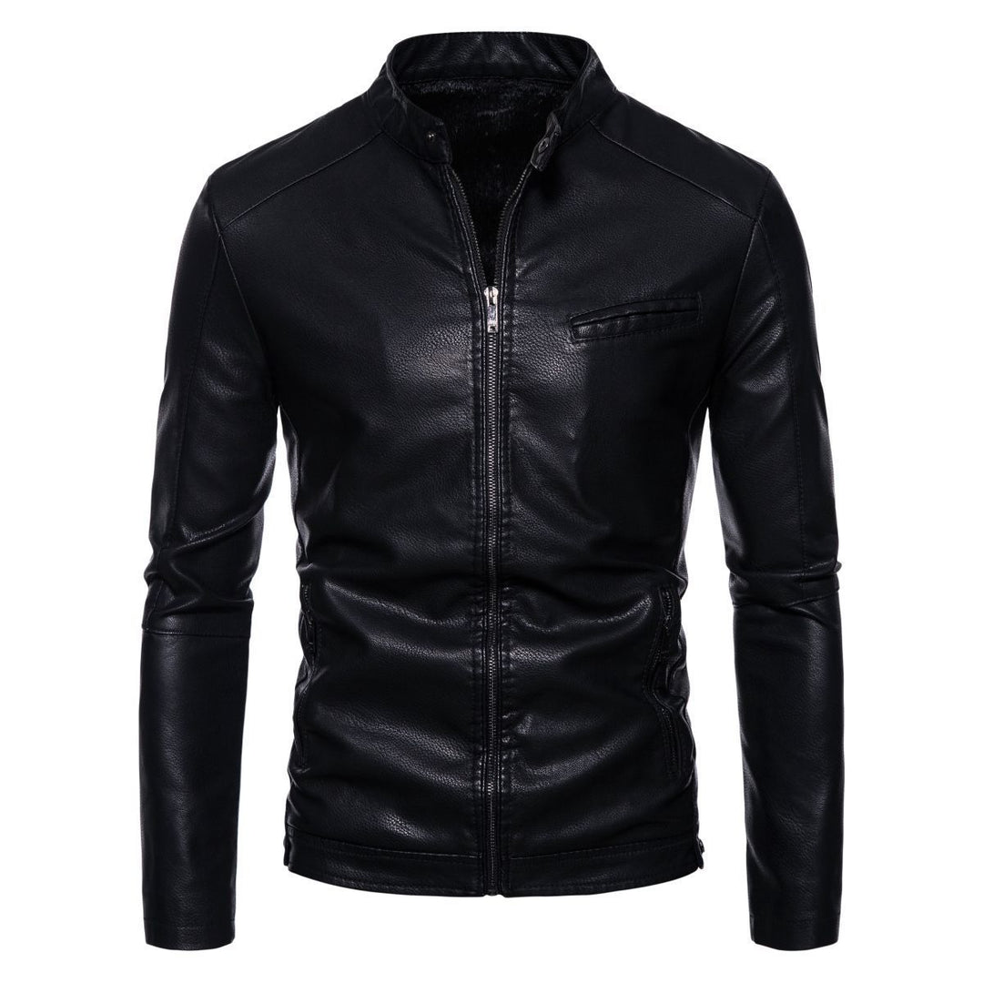 Herren Schmale Kunstleder-Bikerjacke mit Stehkragen, Innenfutter aus Kunstfell und Reißverschlusstaschen Shop Nory