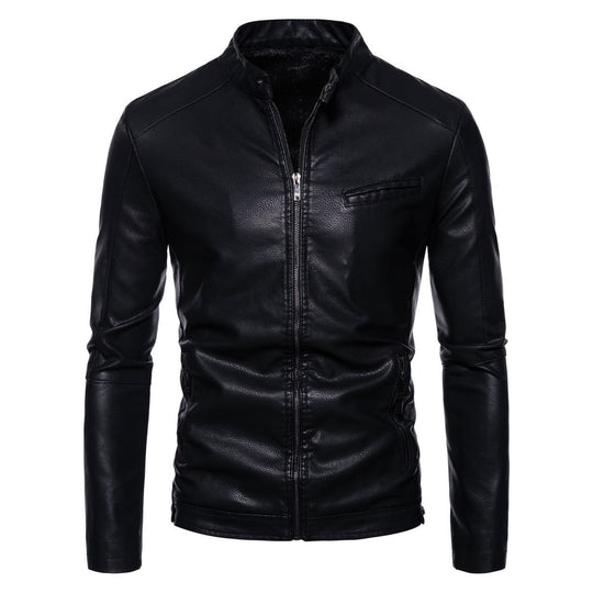 Herren Schmale Kunstleder-Bikerjacke mit Stehkragen, Innenfutter aus Kunstfell und Reißverschlusstaschen Shop Nory