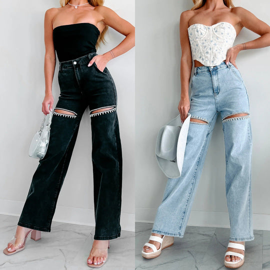 Damen Hochtaillierte Jeans mit durchbrochenem Design