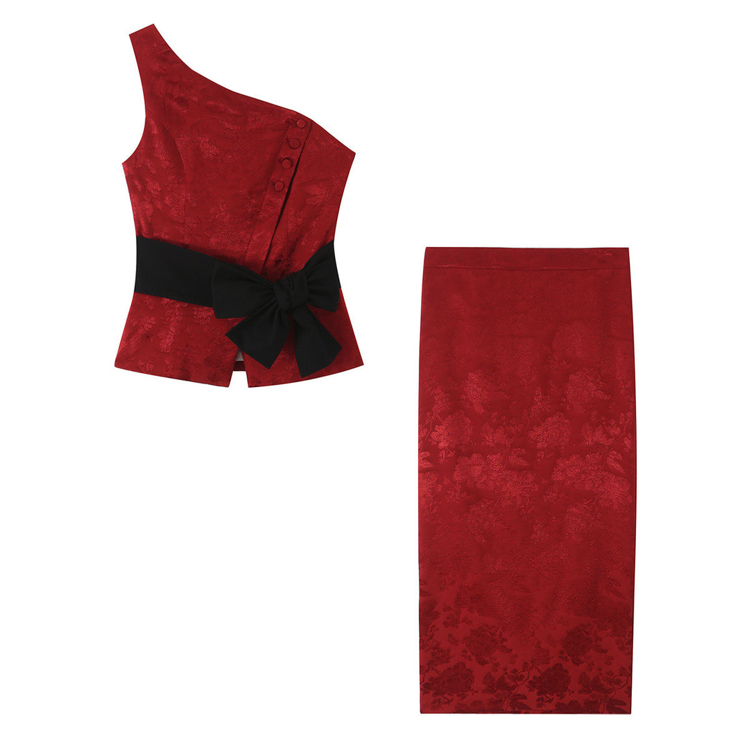 Damen Ein-Schulter Jacquard-Top mit Taillenband und Zierschleife Shop Nory