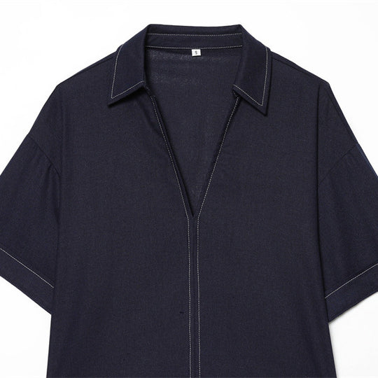 Damen Boxy‑Hemdbluse mit offenem V‑Ausschnitt, kurzem Oversize‑Arm und Kontrastnaht Shop Nory