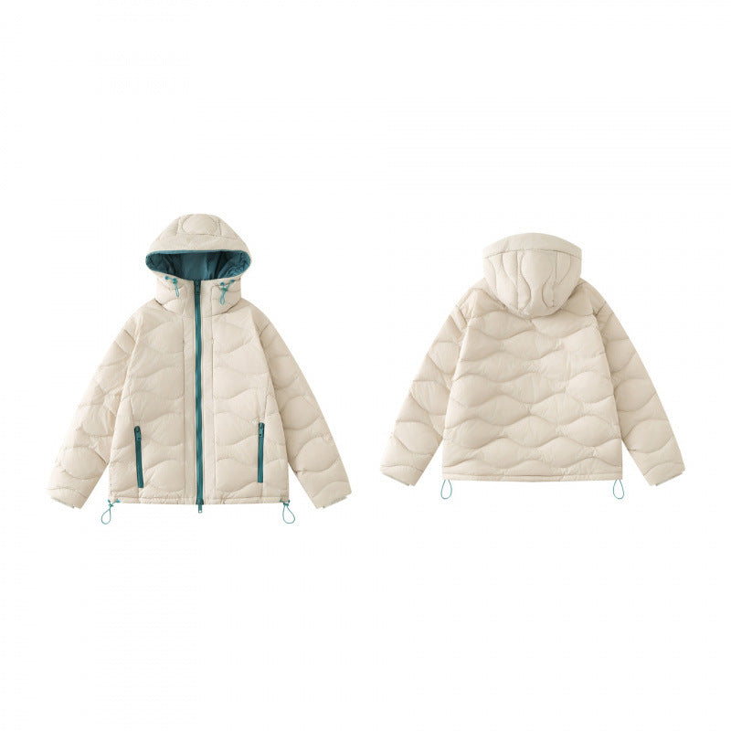 Unisex Kurz geschnittene gesteppte Kapuzenjacke mit Wellensteppung, Zwei-Wege-Reißverschluss und verstellbarem Saum Shop Nory