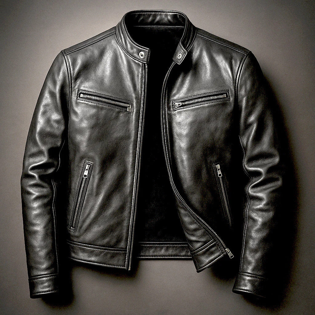 Herren Schmal geschnittene Biker-Lederjacke aus Nappaleder mit Stehkragen und Reißverschluss Shop Nory