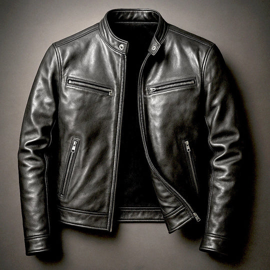 Herren Schmal geschnittene Biker-Lederjacke aus Nappaleder mit Stehkragen und Reißverschluss Shop Nory