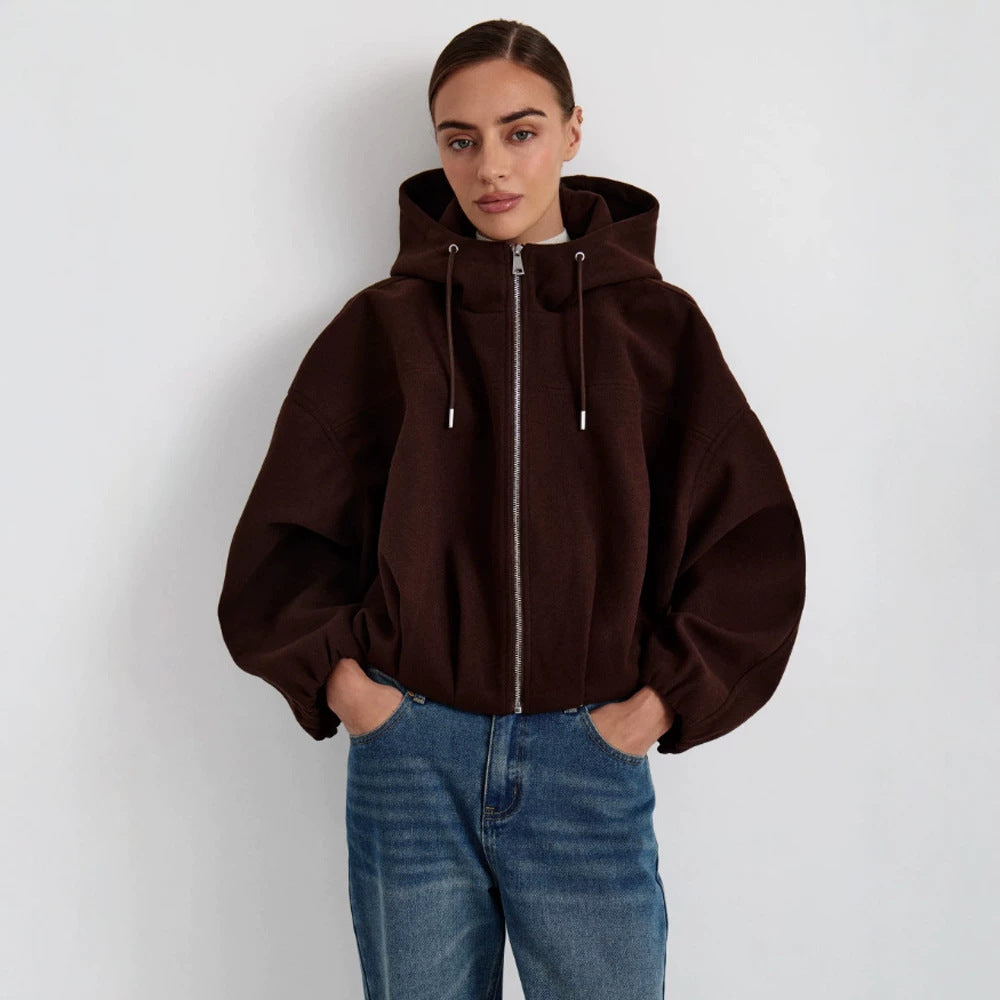 Damen Kurzjacke aus Wollmix mit Kapuze, kastiger Boxy‑Silhouette & gerafftem Saum Shop Nory