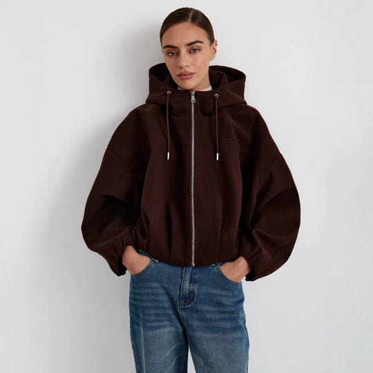 Damen Kurzjacke aus Wollmix mit Kapuze, kastiger Boxy‑Silhouette & gerafftem Saum Shop Nory