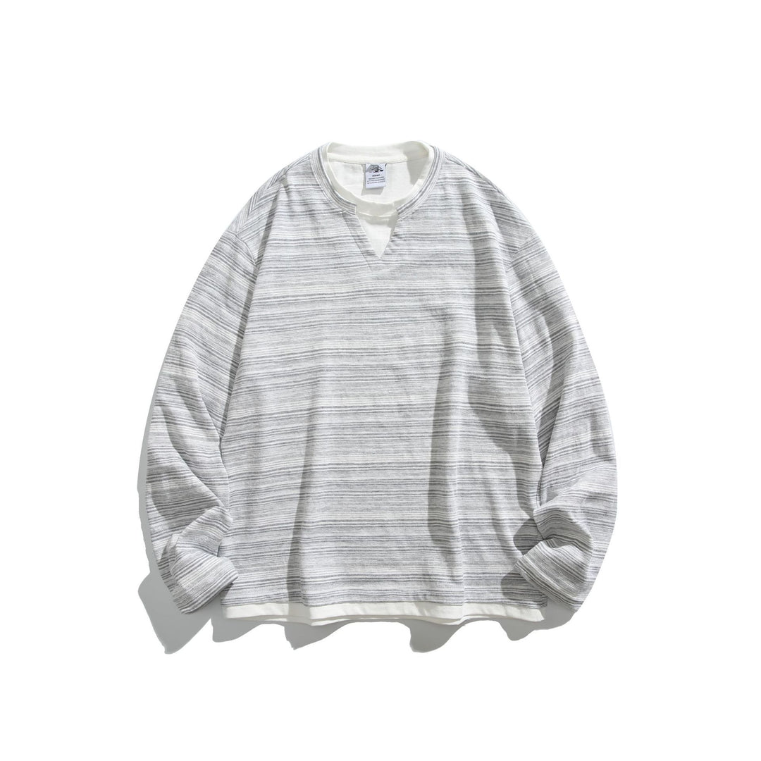 Unisex Gestreiftes Langarmshirt mit V-Notch und Lagen-Effekt Shop Nory