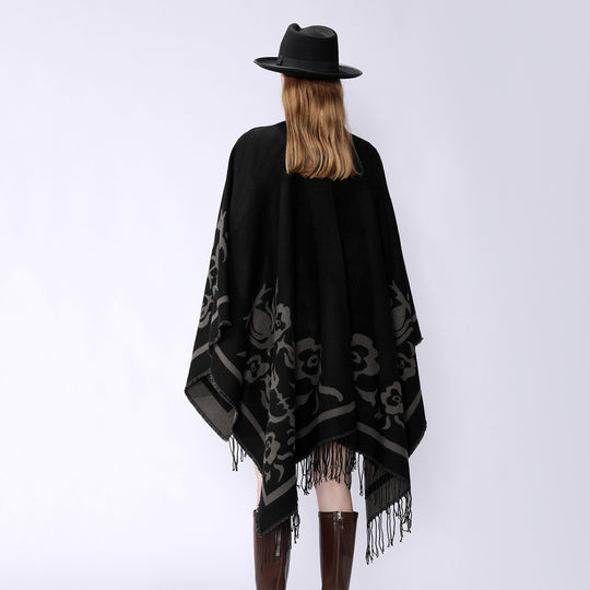 Damen Umhangponcho mit floralen Jacquard-Panels und Fransensaum Shop Nory