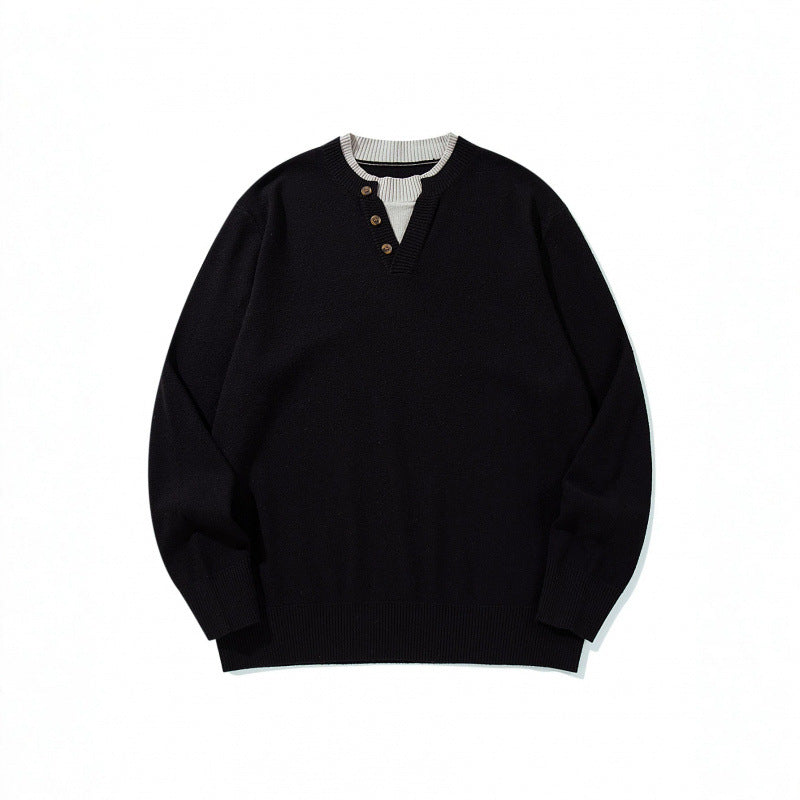 Unisex Strickpullover mit Henley-Knopfleiste, Kontrastkragen und Boxy‑Schnitt Shop Nory