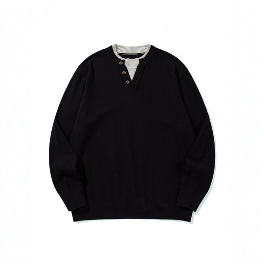 Unisex Strickpullover mit Henley-Knopfleiste, Kontrastkragen und Boxy‑Schnitt Shop Nory