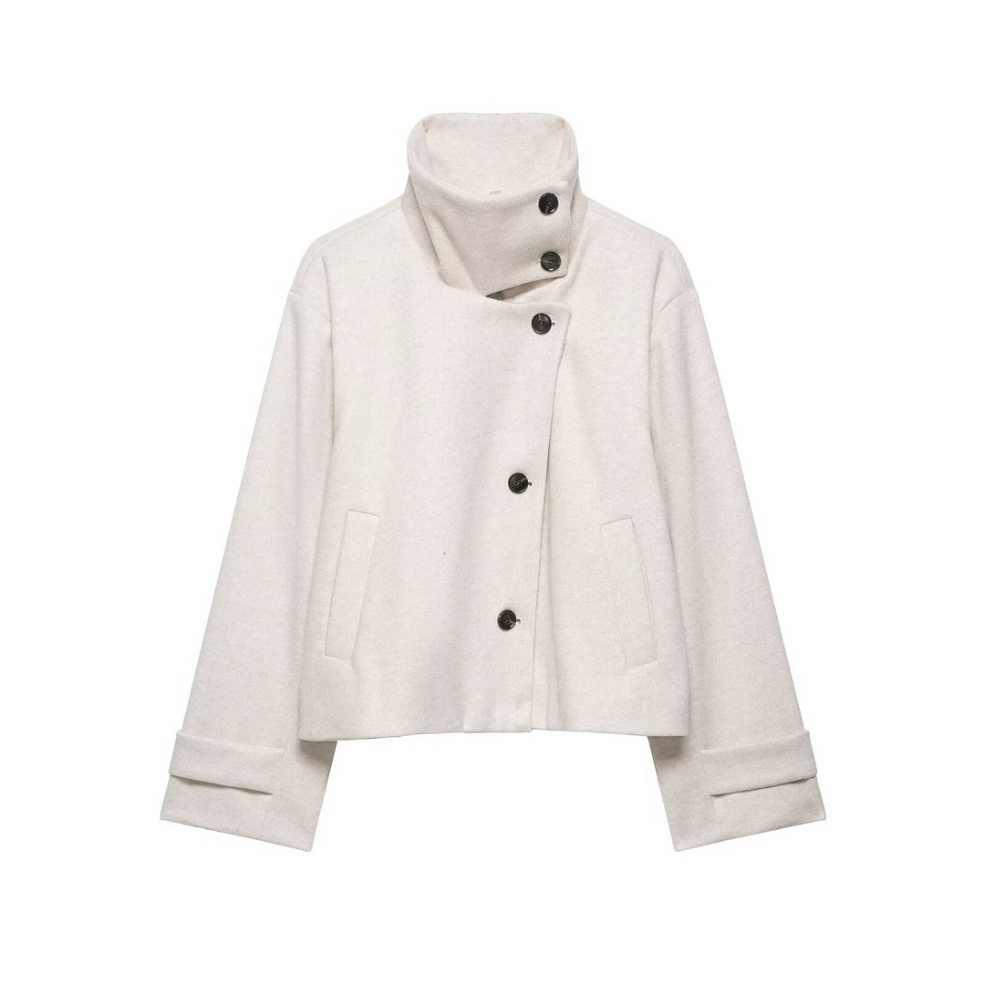 Damen Kurzer kastiger Wollmantel mit asymmetrischer Knopfleiste und Stehkragen Shop Nory