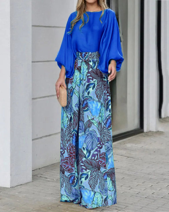 Damen Zweiteiler-Set aus Bluse mit Ballonärmeln und High-Waist Palazzo-Hose Shop Nory