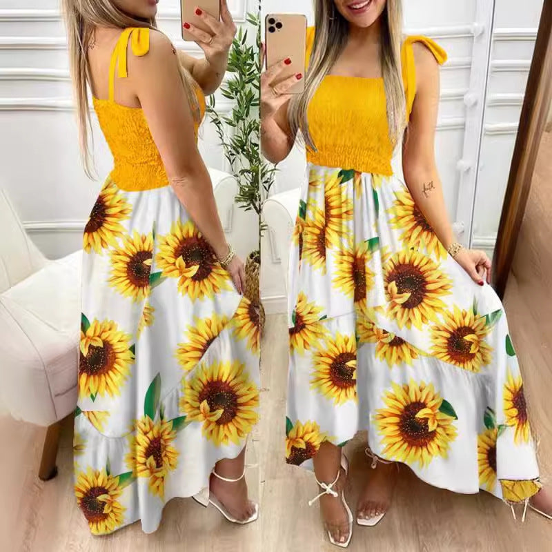 Damen Maxikleid mit Blumenmuster und elastischem Oberteil Shopnory