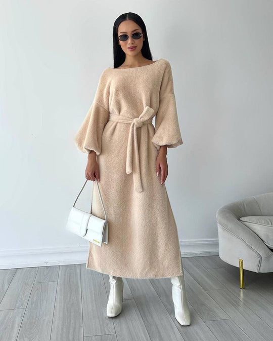 Damen Kuschel-Midikleid mit Bindegürtel und Ballonärmeln Shop Nory