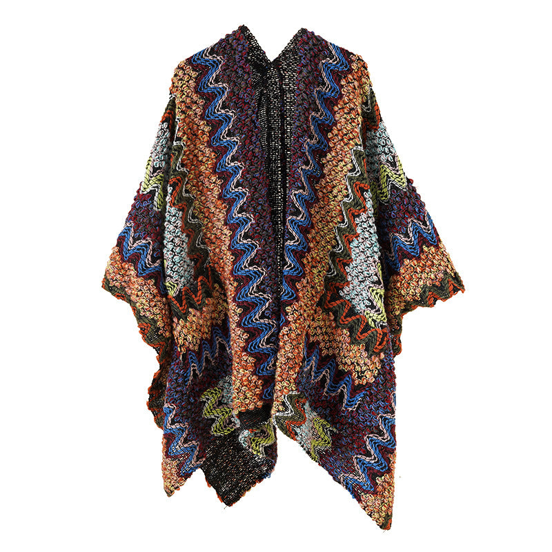 Damen Grobgestrickter Ethno-Ruana-Poncho mit Zickzack‑Jacquard und offenem Fall Shop Nory