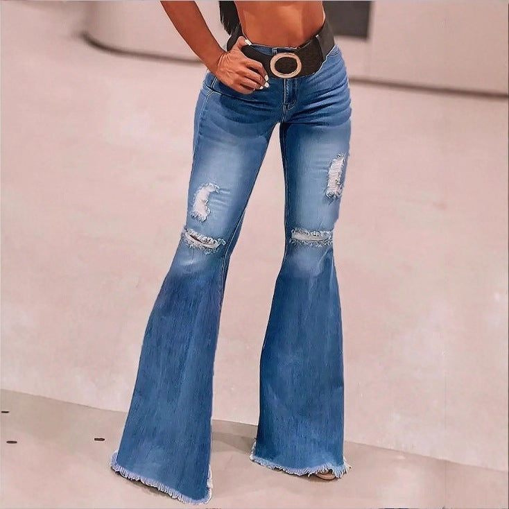 Damen hochgeschnittene Schlaghose aus Stretch-Denim mit ausgestelltem Bein, Knie-Rips und ausgefranstem Saum Shop Nory