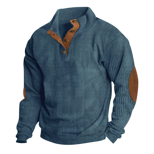 Herren nan gerippter Pullover mit Henley-Kragen und Leder-Ellbogenpatches Shop Nory