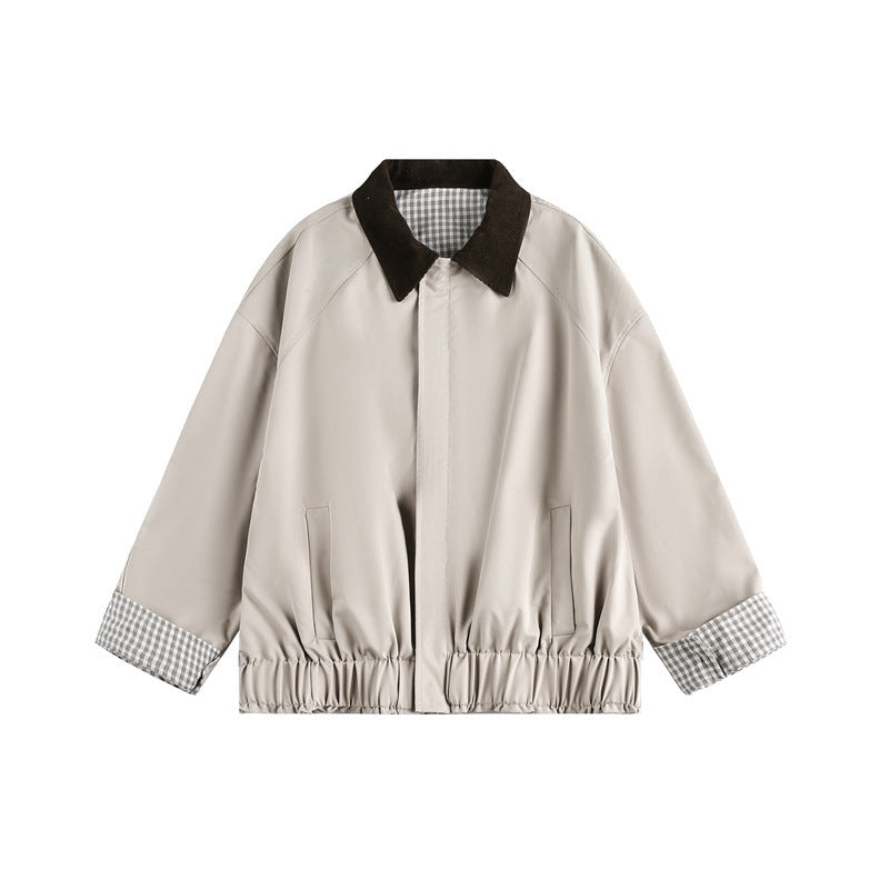 Unisex Kurz geschnittene Boxy‑Blousonjacke mit Cordkragen und kariertem Ärmelumschlag Shop Nory