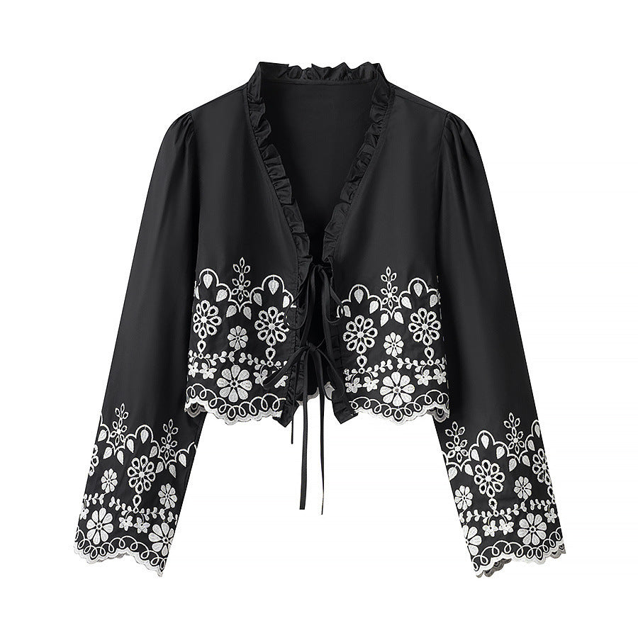 Damen Besticktes Kurzbolero mit Rüschen-V-Ausschnitt und Schnürverschluss Shop Nory