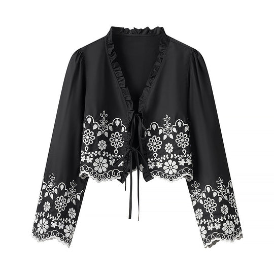 Damen Besticktes Kurzbolero mit Rüschen-V-Ausschnitt und Schnürverschluss Shop Nory