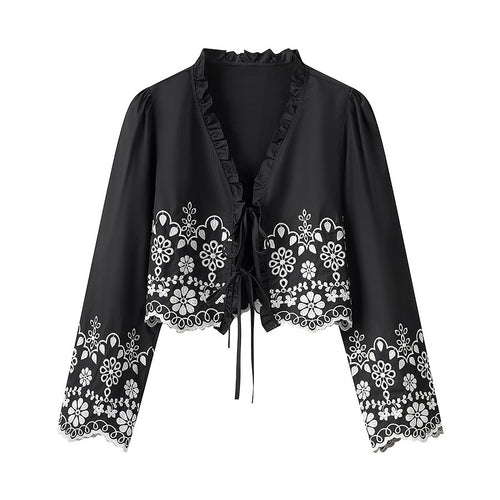 Damen Besticktes Kurzbolero mit Rüschen-V-Ausschnitt und Schnürverschluss Shop Nory