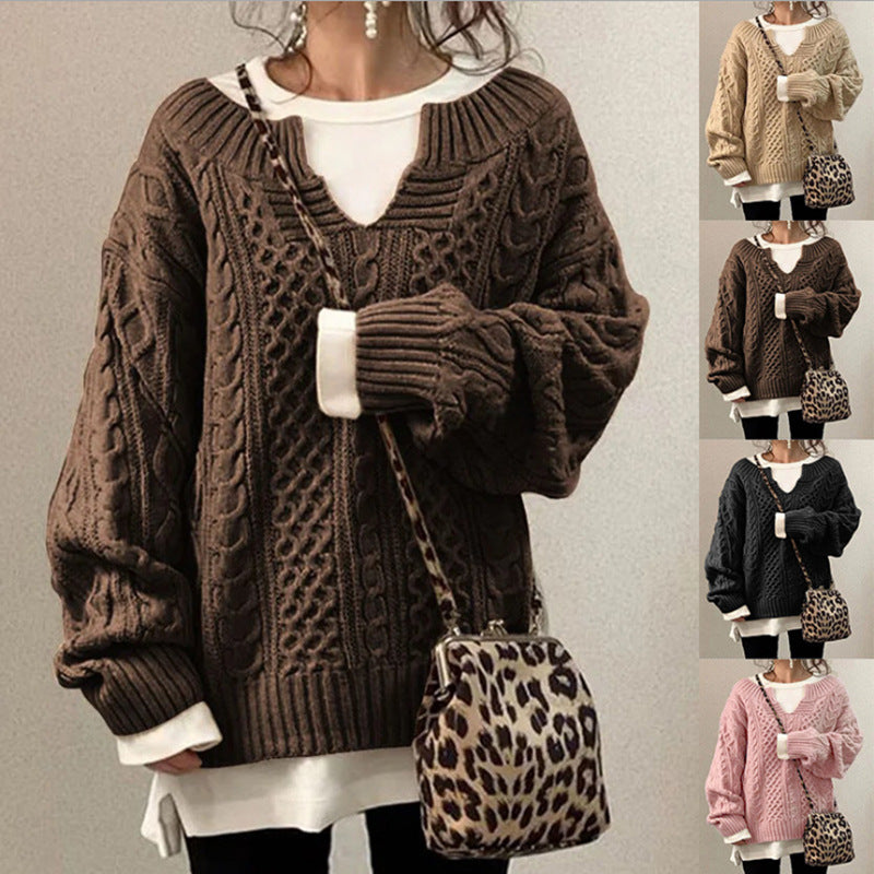 Damen nan weit geschnittener Strickpullover mit Zopfmuster und V-Ausschnitt Shop Nory