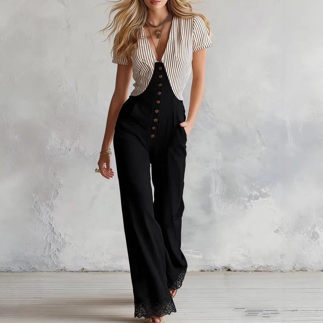 Damen Taillierter Jumpsuit mit V-Ausschnitt, Knopfleiste und Spitzenbesatz Shop Nory