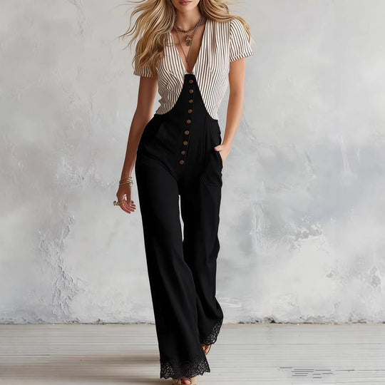 Damen Taillierter Jumpsuit mit V-Ausschnitt, Knopfleiste und Spitzenbesatz Shop Nory