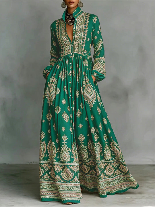 Damen Boho-Maxi-Hemdkleid mit Stickbordüren, hoher Stehkragen und Taschen Shop Nory
