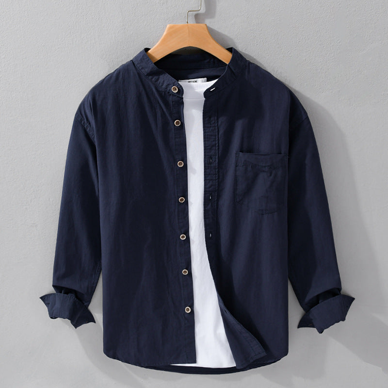 Herren Hemdjacke im Mandarinstil aus Baumwoll-Twill, Relaxed-Fit, mit aufgesetzter Brusttasche und Holzknöpfen Shop Nory