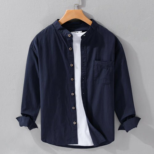 Herren Hemdjacke im Mandarinstil aus Baumwoll-Twill, Relaxed-Fit, mit aufgesetzter Brusttasche und Holzknöpfen Shop Nory
